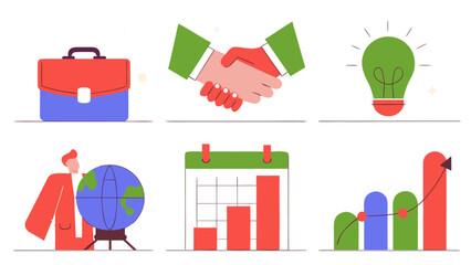 Flat Design Business Icons, Handshake, Growth Chart, Globe, Briefcase, Idea Bulb
