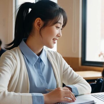 Jeune femme souriante et concentr&eacute;e &eacute;tudiant