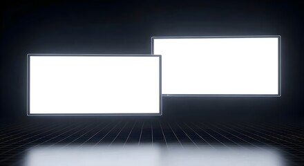 Two large floating rectangular digital screens, computer monitors, with content areas, hovering in a surreal, minimal virtual space.. control room, holographic, modern, wireframe, reflection, floating