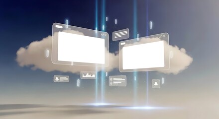 Two large floating rectangular digital screens, computer monitors, with content areas, hovering in a surreal, minimal virtual space.. control room, holographic, modern, wireframe, reflection, floating