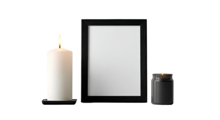 Blank photo frame, white candle, and dark gray candle holder.  Empty frame, simple, still life, solemn, thoughtful, remembrance,  a quiet arrangement