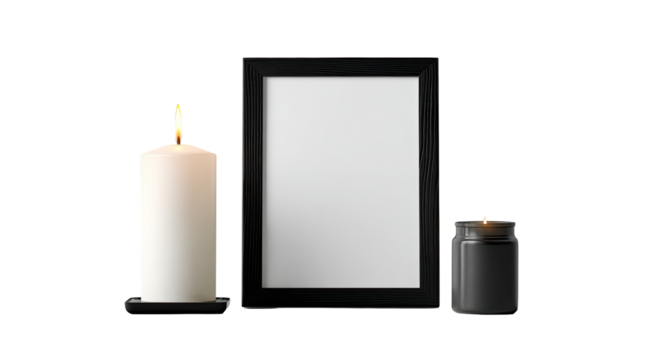 Blank photo frame, white candle, and dark gray candle holder.  Empty frame, simple, still life, solemn, thoughtful, remembrance,  a quiet arrangement
