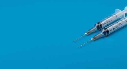 青い背景に輝く注射器２本　医療現場イメージ