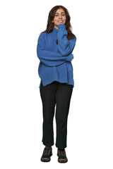 Middle Eastern woman, full body studio smiling happy and confident, touching chin with hand.