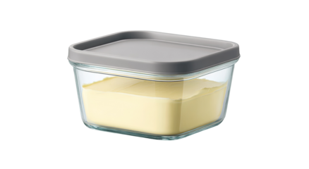 Square glass food container with light-yellow contents and gray lid