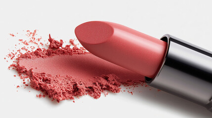 A pink lipstick is on a white background