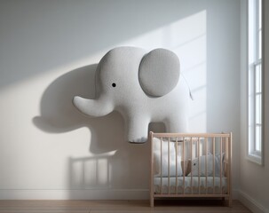 A light gray elephant toy sits on a white wall next to a light wooden crib. Sunlight casts a shadow