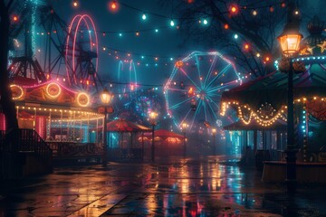 Experience magical enchantment of illuminated amusement park at night with vibrant ferris wheel, colorful lights, and wet ground reflections.