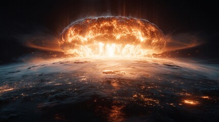 Massive nuclear explosion over earth with fiery mushroom cloud