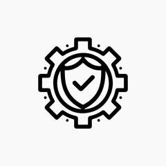 Black outline of a gear with a shield and checkmark inside symbolizing security.