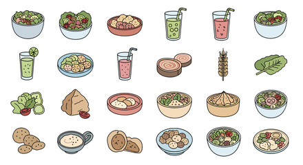 Collection of hand-drawn healthy food icons. Set of vegetarian meals, fresh salads, nutritious drinks, and vegan dishes.