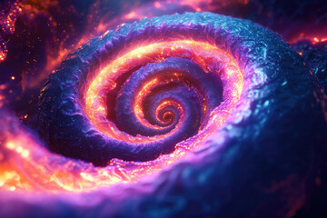 A mesmerizing digital art depicting a fiery, swirling spiral nebula in vibrant hues of purple, orange, and blue.