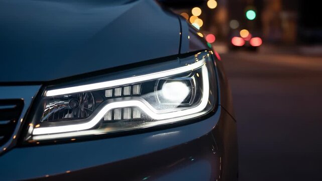 Front LED headlight of a modern car glowing at night on a city street with bokeh effect
