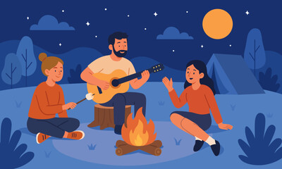 Illustration of a group enjoying a night around a campfire with a guitar, marshmallows, and lively conversation under the moonlight.