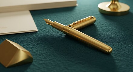 A golden fountain pen and a golden pyramid on a textured green surface with a white notepad nearby