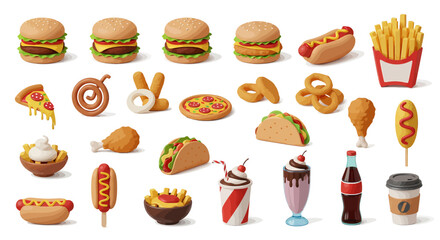 Colorful 3D collection of plasticine-style fast food icons. This set includes burgers, pizza, tacos, and drinks, isolated on a white background.