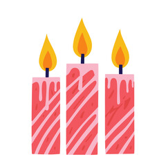 Three pink candles with flames on white background  