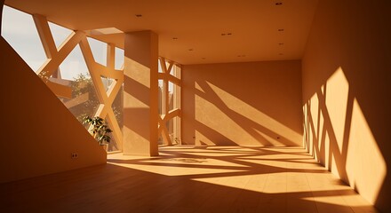 Interior space with geometric window casting shadows and a potted plant near the window area