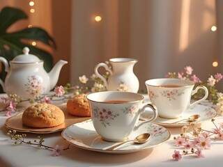 Fototapeta premium Elegant Afternoon Tea Selection: high-end tea menu display with delicate porcelain cups, scones, and floral garnishes, soft light and elegant background