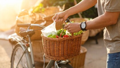 A person loads fresh, healthy vegetables into a wicker bicycle basket in warm, golden sunlight.