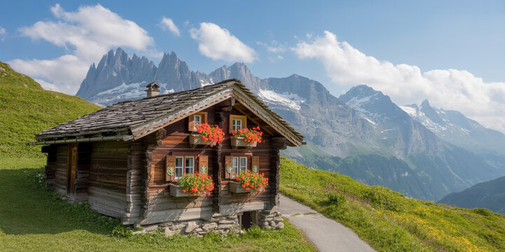 Rustic wooden cabin with red flowers sits on green meadow below snow capped mountains alpine cabin - Powered by Adobe