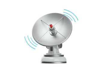 Isolated White Satellite Dish Emitting Blue Signal Waves, Symbolizing Global Communication and Technology