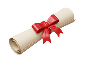 Isolated Rolled Diploma or Certificate Tied with a Red Ribbon, Symbolizing Academic Achievement and Graduation