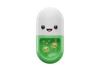 Isolated Cute Green and White Pill with Happy Germ Characters Inside