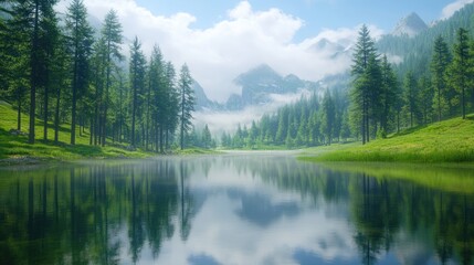 Fototapeta premium A calm lake reflects the sky, surrounded by tall pine trees with distant hills shrouded in fog. A peaceful medieval fantasy setting, offering a tranquil ambiance.