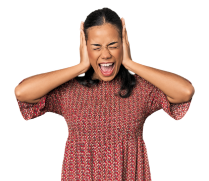 Young Filipino woman in studio covering ears with hands trying not to hear too loud sound.
