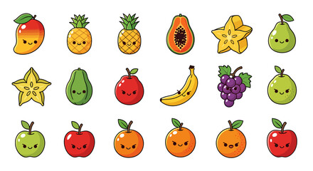 Set of adorable kawaii fruit characters. A vector illustration collection of smiling food mascots like apple, orange, and pineapple.