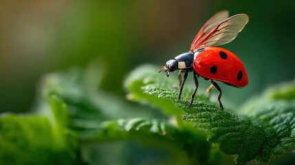 Macro shot of a ladybug about to take flight from a green leaf, wings slightly open, vivid red and black contrast