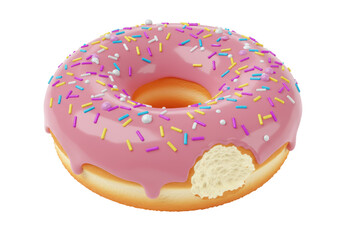 Isolated Delicious Pink Frosted Donut with Colorful Sprinkles and a Bite Taken Out