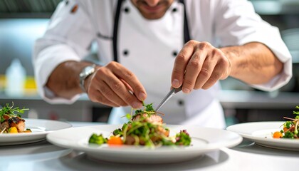 Skilled chefs carefully garnish gourmet dishes with fresh herbs