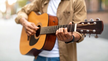 Obraz premium Close-up of a musician playing chords on a wooden acoustic guitar outdoors.