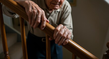 An elderly man gripping a wooden banister for support while navigating the staircase indoors at home