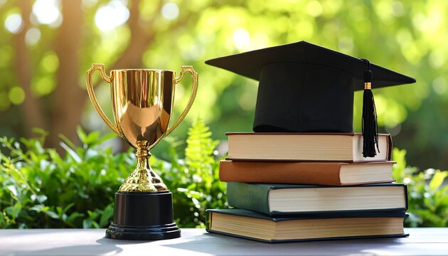 Golden trophy with graduation cap on books, outdoors with sunlight and greenery, symbolizing academic success and achievement