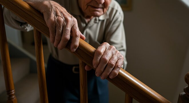 An elderly man gripping a wooden banister for support while navigating the staircase indoors at home