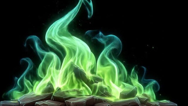 Abstract Glowing Green Flame Rising From Stone Formation Against Black Background