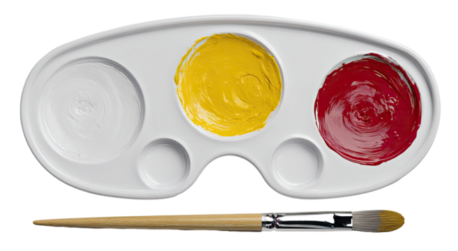 White paint palette with yellow and red paint, and a brush