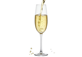 Isolated Champagne Flute with Golden Sparkling Wine Being Poured and Splashing Bubbles