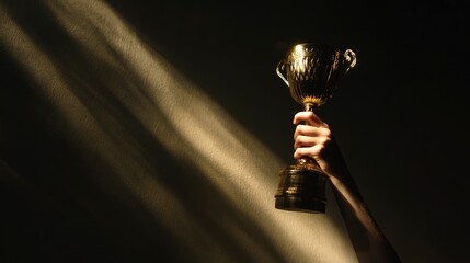 Photo of a female hand raising a golden trophy, dramatic lighting from the side, textured grip and sharp shadows