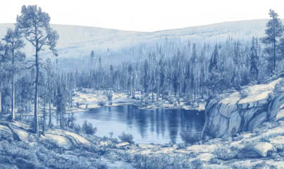 Winter landscape, serene lake, pine forest