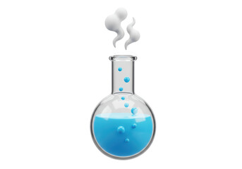 Isolated Scientific Round Bottom Flask with Blue Liquid Bubbling and Steam Representing Chemical Reaction