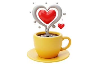 Isolated Yellow Coffee Cup with Heart-Shaped Steam and Small Hearts Representing Love and Warmth