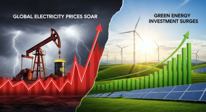 Increase in electricity prices on the world market. Green energy in full development. Investment finance chart, stock market business and exchange financial growth graph.