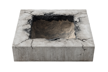 A rectangular concrete block, showing a hole.  Cracks fracture the block