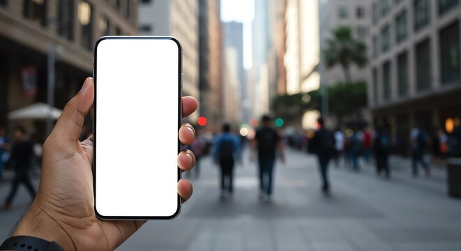 Hand holding smartphone with blank screen in city street
