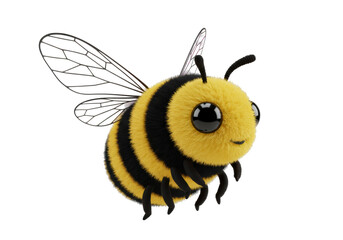 Isolated Adorable Fluffy 3D Cartoon Bee with Transparent Wings