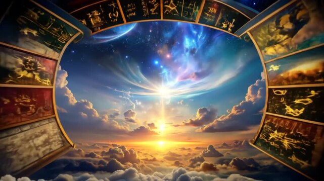 A curved, segmented frame displays images of zodiac signs around a central scene of a bright sunrise over a cloudy landscape.